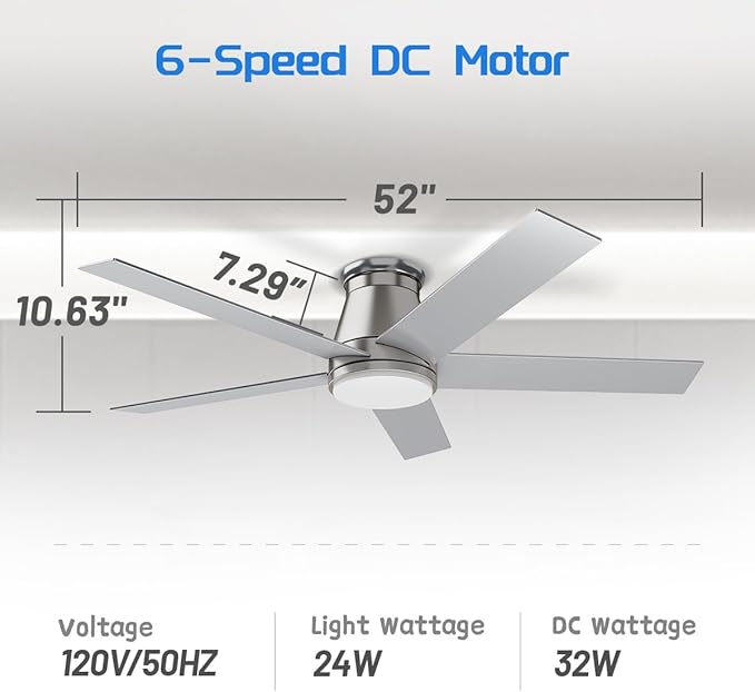 wurzee 52" Flush Mount Ceiling Fan Brushed Nickel Ceiling Fan 6 Speeds DC Reversible Motor, Timing, Dimmable, 5 Blades for Bedroom,Living, Dining Indoor Patio Porch Garage Shop