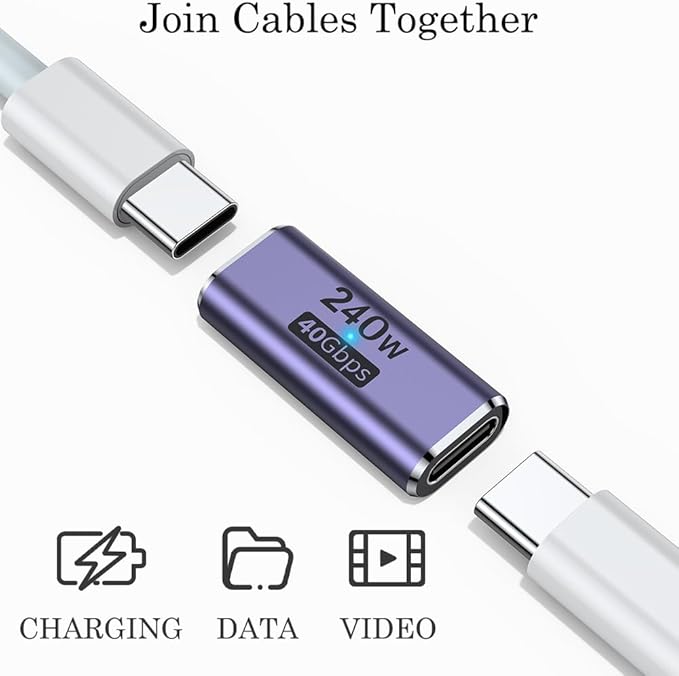 AuviPal 240W USB C Coupler (2 Pack), USB Type C Female to Female Adapter Extender Compatible with Thunderbolt 4/3 Support up to 240W Charging, 40Gbps Data Transfer and 8K@60Hz Video