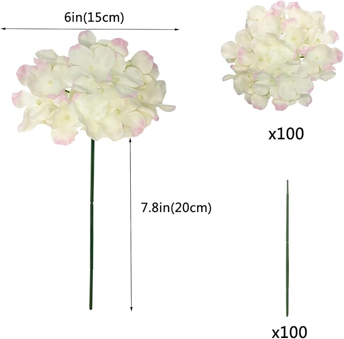 100PCS Artificial Hydrangea Flowers, Fake Flowers Silk Hydrangea Full Flowers Heads with Stems for Wedding Home Party Shop Baby Shower Decor (Ivory Pink)