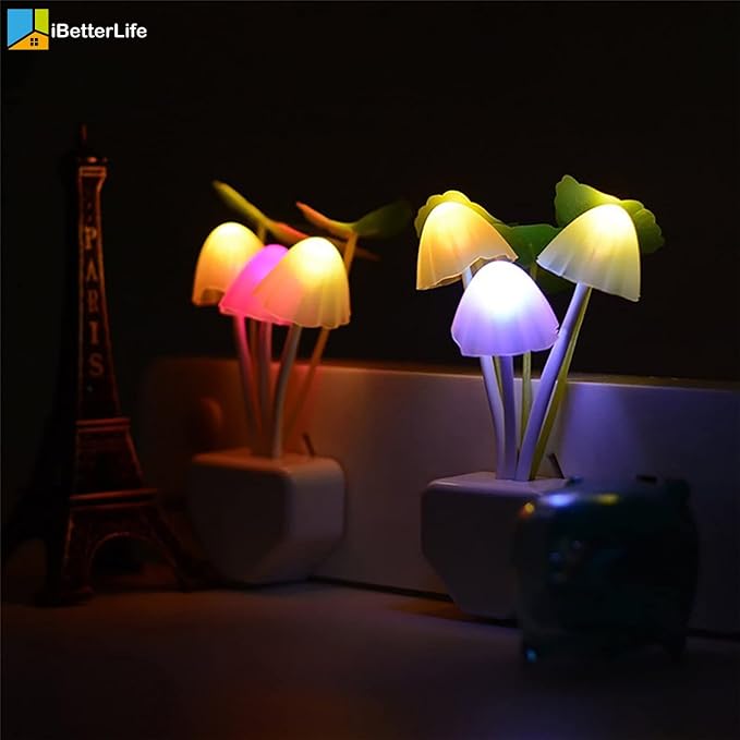 iBetterLife Sensor Mushroom Night Light - 2 Pack Color Changing Plug in Wall LED Mushroom Nightlight with Dusk to Dawn Sensor Auto On/Off Cottage Core Decor Lamp, Super Power Saving