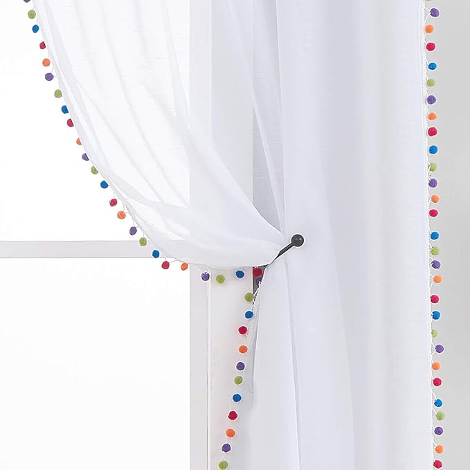 Treatmentex White Sheer Curtains Multi Colorful Pom Pom Sheer Drapes 63" inches Long Window Draperies for Nursery Room Bed Canopy 2 Panels Rod Pocket
