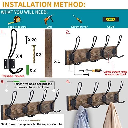 Rustic Wall Mounted Coat Hook with 4 Farmhouse Hooks - Solid Pine Wood Towel and Coat Rack for Bathroom, Entryway, Kitchen - Brown