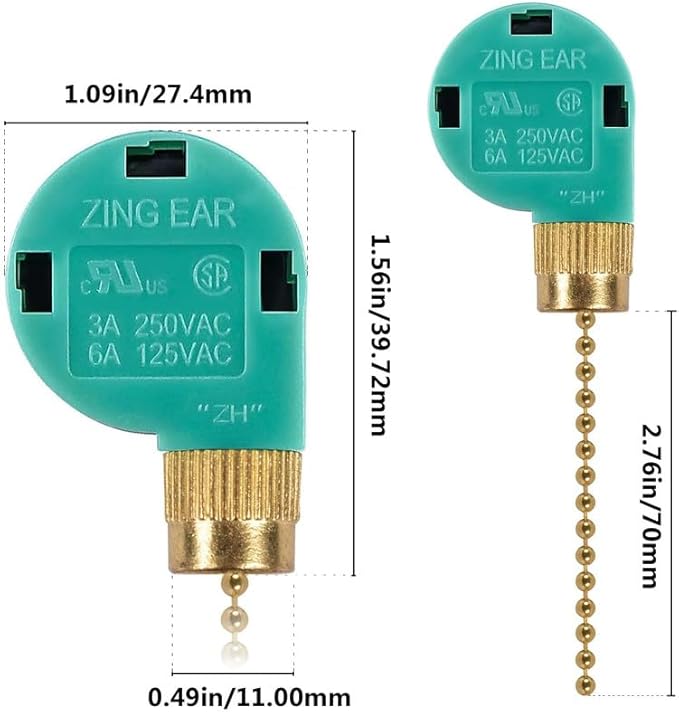 Ceiling Fan Replacement Parts Zing Ear ZE-268S6, Ceiling Fan Switch 3 Speed 4 Wire Pull Chain Cord Switch Speed Control Compatible with Hunter Ceiling Fans Wall Lamps (Brass Pull Chain)