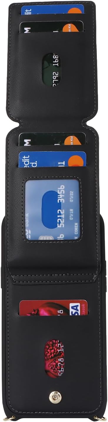 iPhone 12 Case Wallet with Card Holder for Women, Crossbody with Strap, Kickstand Zipper Case - Black