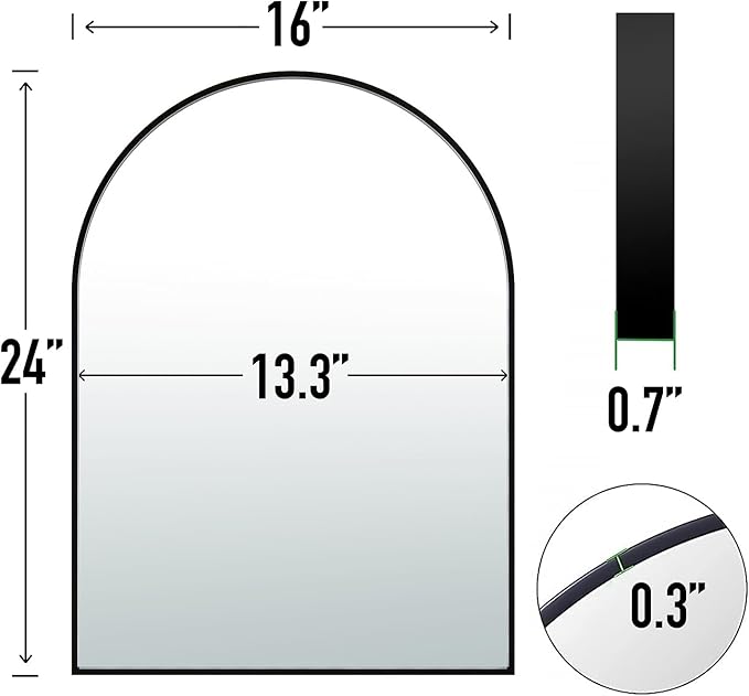 24x16 Arch Mirror Rectangle Wall Mounted Metal Frame Mirrors for Entryway Bedroom Bathroom Living Room 16 24 inch Black