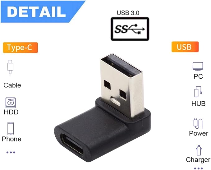 CY USB-C Type C Female 90 Degree Up Angled to USB 3.0 A Male Data Adapter for Laptop Desktop