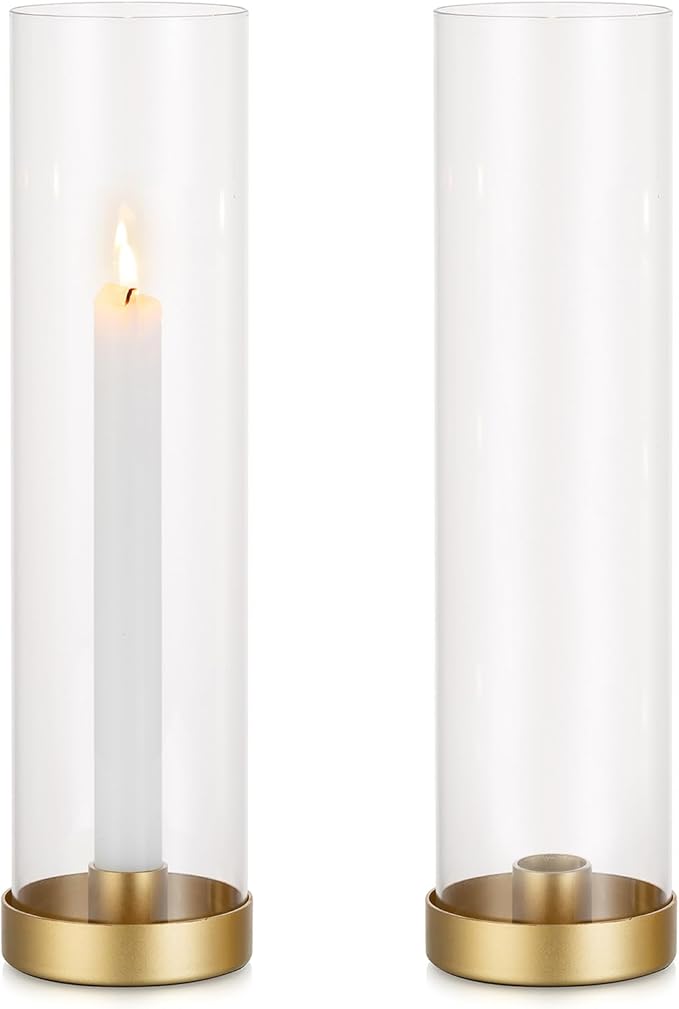 Romadedi Candlestick Candle Holders Hurricane Glass - 12 Inch Clear Gold Taper Candle Holders for Table Centerpiece Wedding Party Birthday Christmas Decor Home Decorations, Set of 2