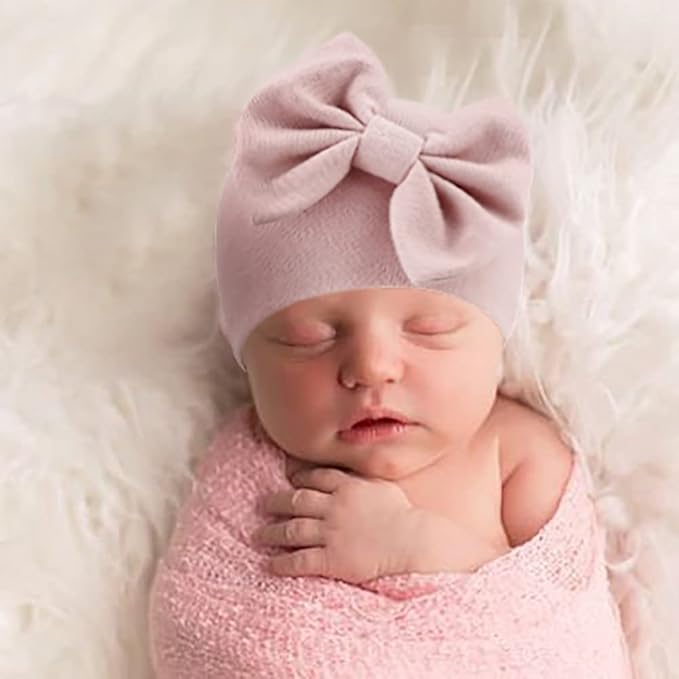 BQUBO Newborn Baby Hats Mittens Set Hospital Hat Beanie Infant Bow Hats Baby Gloves No Scratch Mittens for 0-6 Months