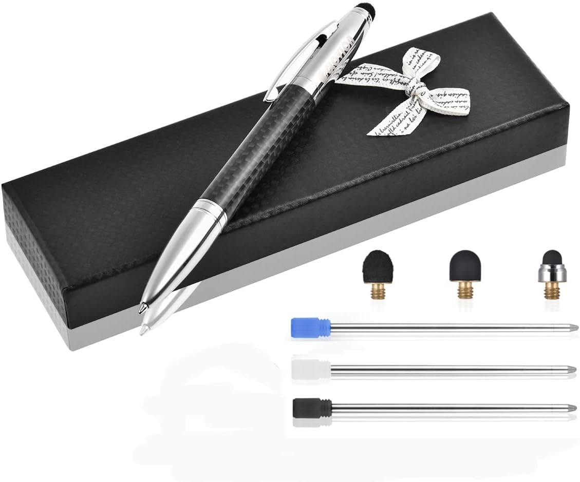 Glovion Multicolor Ballpoint Pen with Stylus Tip, 2 in 1 Carbon Fiber Ink Writing Pens with 3 Replacement Tips