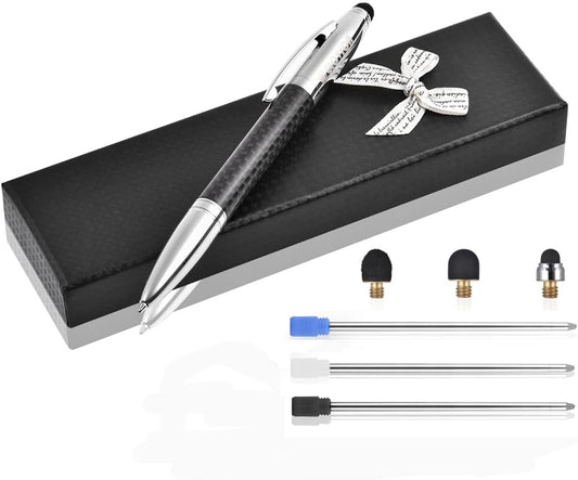 Glovion Multicolor Ballpoint Pen with Stylus Tip, 2 in 1 Carbon Fiber Ink Writing Pens with 3 Replacement Tips