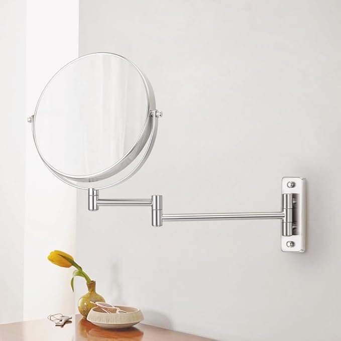 Cerdeco 8 Inch 10X Double Sided Makeup Wall Mount Mirror With Nickel Plated Finish - 360 Swivel Extendable Cosmetic Shaving Magnification