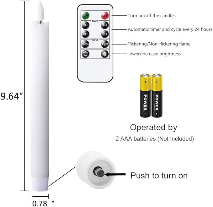 GenSwin Flameless White Taper Candles Flickering with 10-Key Remote, Battery Operated Led Warm 3D Wick Light Window Candles Real Wax Pack of 6, Christmas Home Wedding Decor(0.78 X 9.64 Inch)