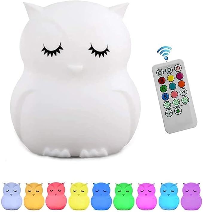 Animal-Shaped Big Night Light for Children/Adults, Rechargeable LED Soft Silicone (BPA Free) Bedside Lamp, Adjustable Brightness and 9 Colors by Touch Control & Remote Control (Big Owl)