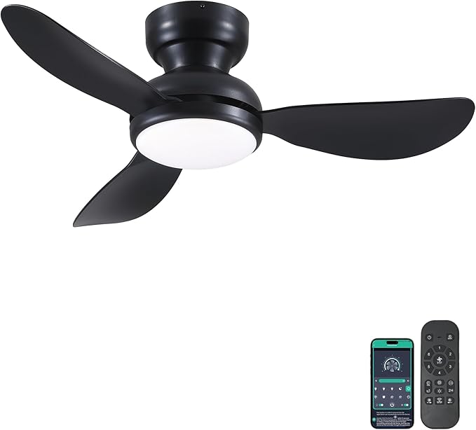 36 Inch Modern Ceiling Fans with Lights, Small Flush Mount Ceiling Fan with Light and Remote/APP Control, 3 Reversible 6 Speeds Curved Blades, 3 CCT Dimmable Lights for Bedroom, Black