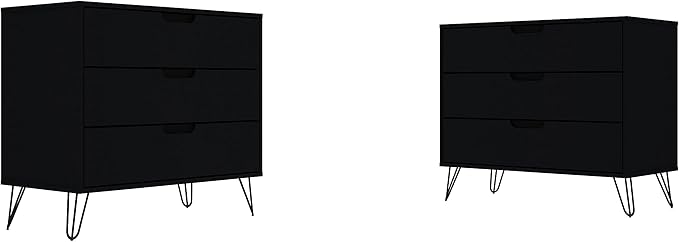 Manhattan Comfort Rockefeller 3 Drawer Dresser for Bedroom Storage, Closet, Living Room, Entryway, TV Stand for Screens up to 32 Inches, Anti-Tip Kit Included, Set of 2, Black
