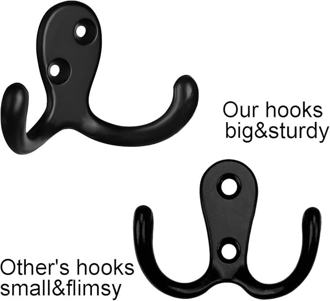 IBosins 16 Pack Heavy Duty Double Prong Coat Hooks Wall Mounted with 32 Screws Retro Double Hooks Utility Hooks for Coat, Scarf, Bag, Towel, Key, Cap, Cup, Hat(Black)