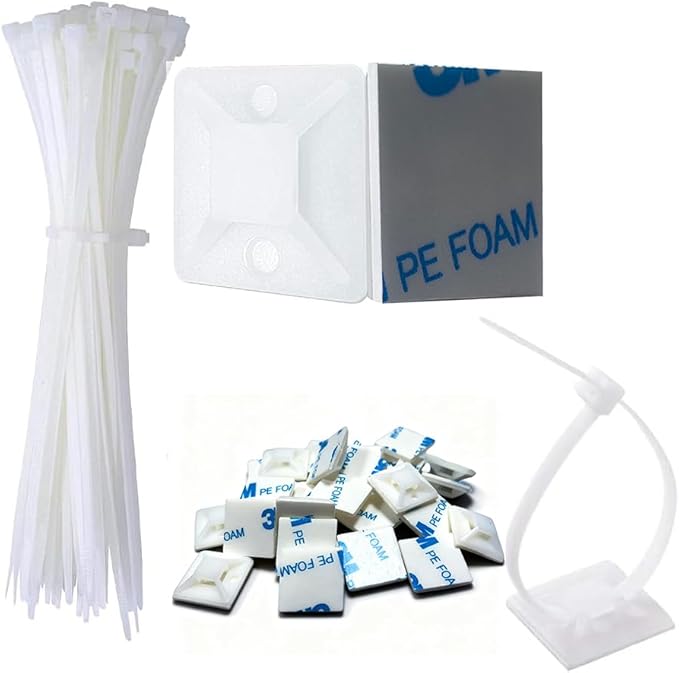 Cable Management Kit - 100 Set Adhesive Cable Zip Tie Mounts with 8" Zip Ties | UV Resistant Wire Organizers for Indoor/Outdoor Use - White