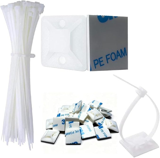Cable Management Kit - 100 Set Adhesive Cable Zip Tie Mounts with 8" Zip Ties | UV Resistant Wire Organizers for Indoor/Outdoor Use - White