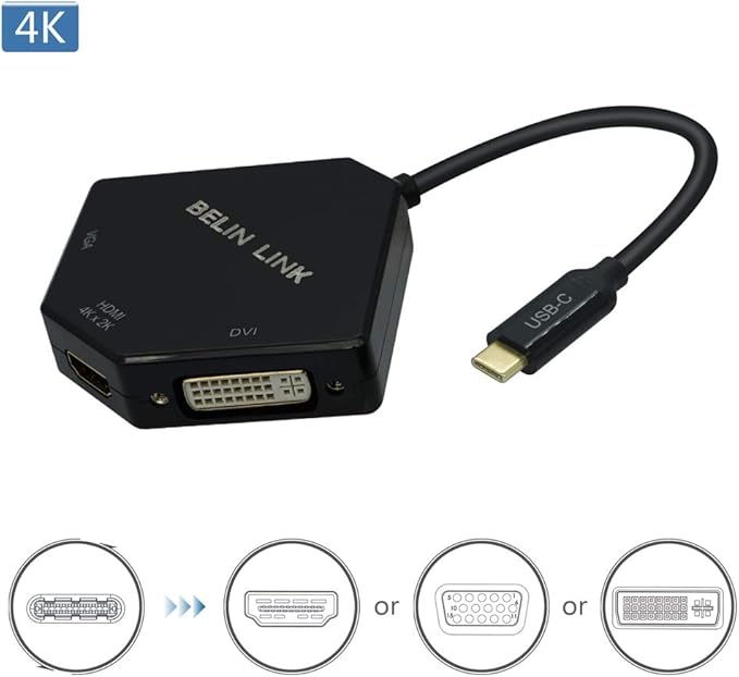 USB C to DVI/VGA/HDMI Adapter Thunderbolt 3 with Gold-Plated Connector 3 in 1 Type C Multiport Adapter for HDMI DVI VGA Compatible for MacBook Pro/Dell XPS 13/Chromebook Pixel/Yoga 910/Miix 510