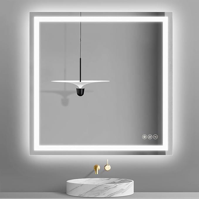 Wall-Mounted LED Square Bathroom Mirror, Makeup Mirror (36 inches x 36 inches,) 3 Color Dimming Bathroom Vanity Mirror with Lights Smart Mirror with Touch