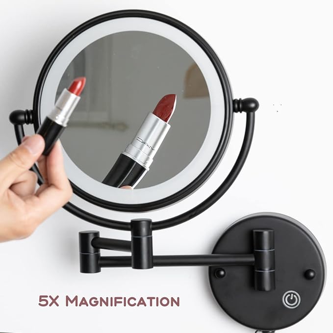 Hard Wired Make up Mirror Magnifying Lighted Black Wall Mounted, 8" 1X/5X Double-Sided 360 Swivel Extendable Arm Bathroom Makeup Mirror Wall Mount, Touch Dimmable, Matt Black