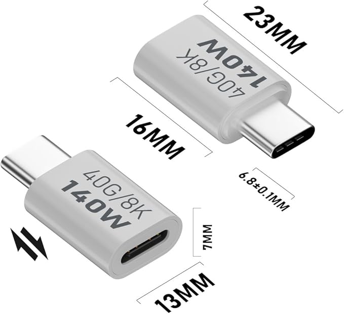 USB C Female to Male Adapter, USB Type C Coupler Extender Support 140W, 40Gbps, 8K@60Hz for Laptop, Phones and More Type C Devices (White),2 Pack