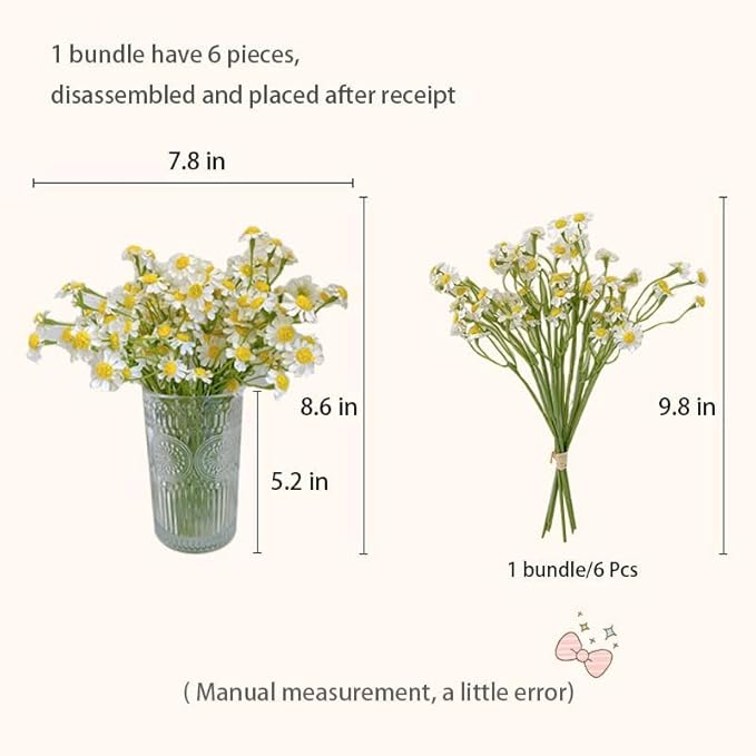 Small White Daisy Flowers Artificial,6 Bouquet/36Pcs 10 Inch Fake Daisies,Cute Spring Wildflowers for Centerpiece Table Decor