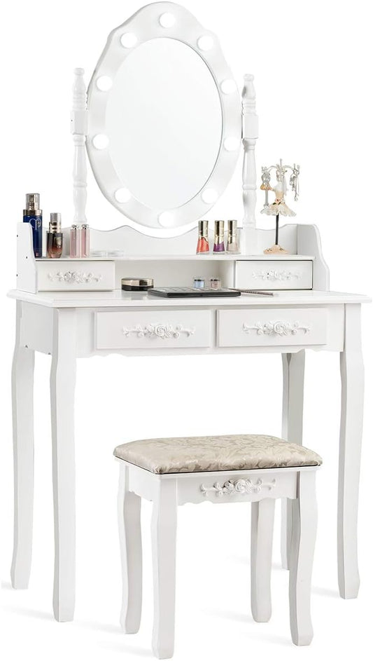 CHARMAID Makeup Vanity Table with 10 LED Lights, 4 Drawers, Storage Shelf, Rose Knob, Bedroom Dressing Makeup Table Vanity Desk with Cushioned Stool for Girls Women (White)