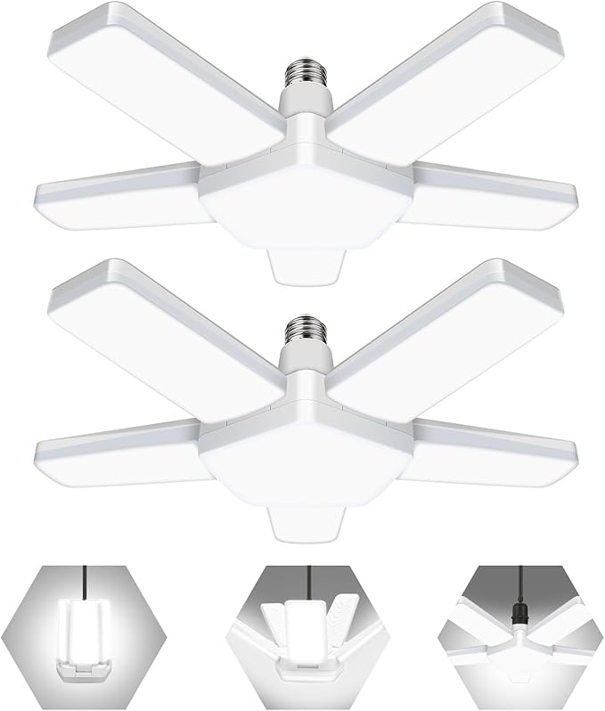 LED Garage Lights 2 Pack, The New 100W Deformable LED Shop Lights with 5 Adjustable Panels, E26/E27 LED Ceiling Light, 10000LM 6500K Hight Bay Light for Basement Warehouse Workshop
