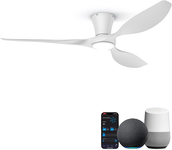 TALOYA 52 inch Smart Ceiling Fan,Low Profile Ceiling Fan with Light and Remote/App Control,Flush Mount, Quiet Reversible Motor for Living Room Bedroom Patio White