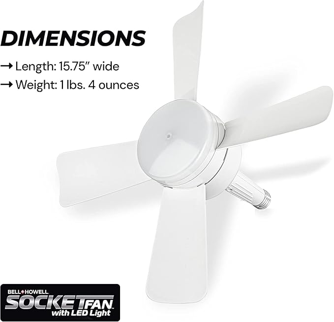 Bell+Howell Socket Breeze Socket Fan Light with Remote, Portable Small Ceiling Fans with Lights for Bedroom, Kitchen, Living Room, Ceiling Fan with Light 3500K, 1000 Lumens, Screws into E26/E27