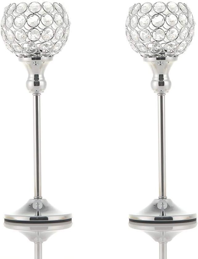 VINCIGANT Crystal Hurricane Candle Holder Silver Candlestick Set of 2 for Anniversary Celebration Coffee Table Modern Decorative Centerpieces