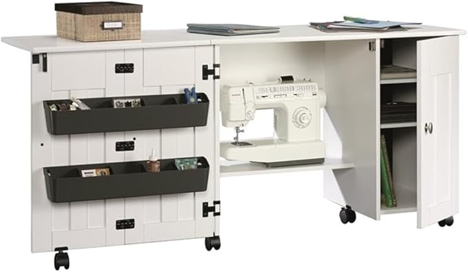 Sauder Folding SewingTable & Craft Cart Storage Cabinet, in Soft White