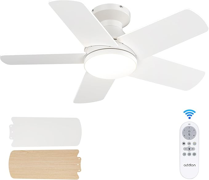 addlon Ceiling Fans with Lights, 32inch Low Profile Ceiling Fan with Light and Remote Control, Flush Mount, Reversible, 3CCT, Dimmable, Quiet, White Small Ceiling Fan for Bedroom Indoor/Outdoor Use
