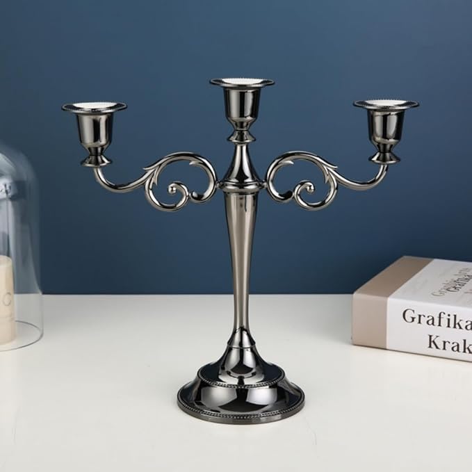 Black Candelabra Candle Holders for Pillar Candles 10.6 inch Tall, 5 Candle Candlestick Holder for 1/2-1 inch Taper Candles Halloween Candelabra Decoration Easy Assembly (Black Glossy-3 Arm)