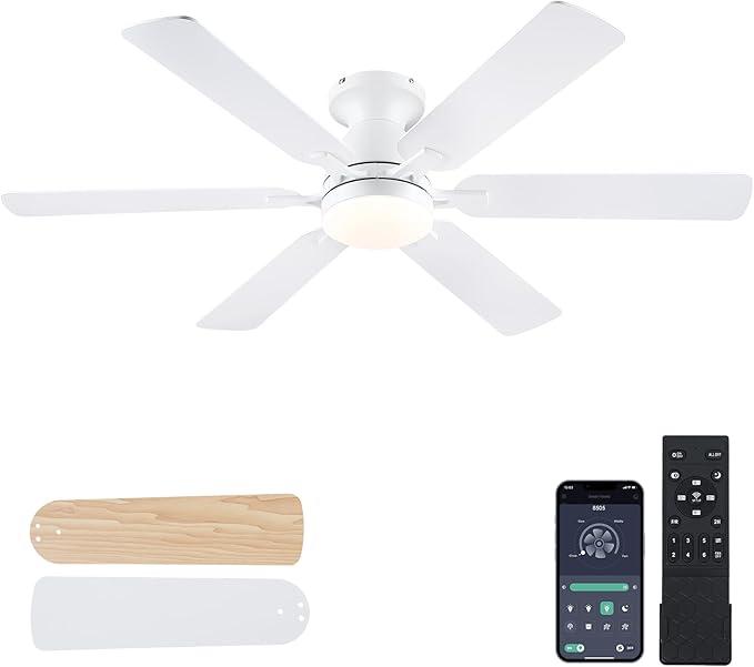 Ceiling Fans with Lights- 52" Low Profile Indoor Ceiling Fan with Light and Remote/APP Control, Flush Mount, 6 Blade, LED Dimmable DC Reversible Modern Ceiling Fan for Bedroom（White）