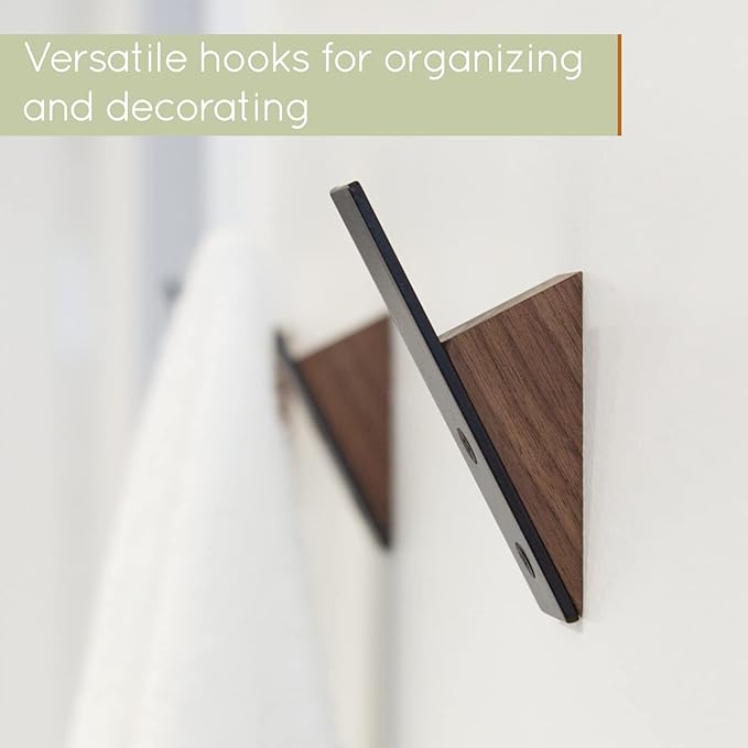 Wall Coat Hook Rack - Set of 3 - Black Walnut Wood Black Metal Decorative Hat Hooks for Hanging Coats - Hat Hangers for Wall
