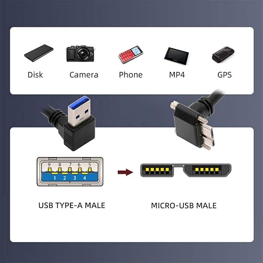 NFHK Down Angled 90 Degree USB 3.0 A Male to Micro-B 3.0 Plug Up Angled Locking Screw Panel Cable 25cm