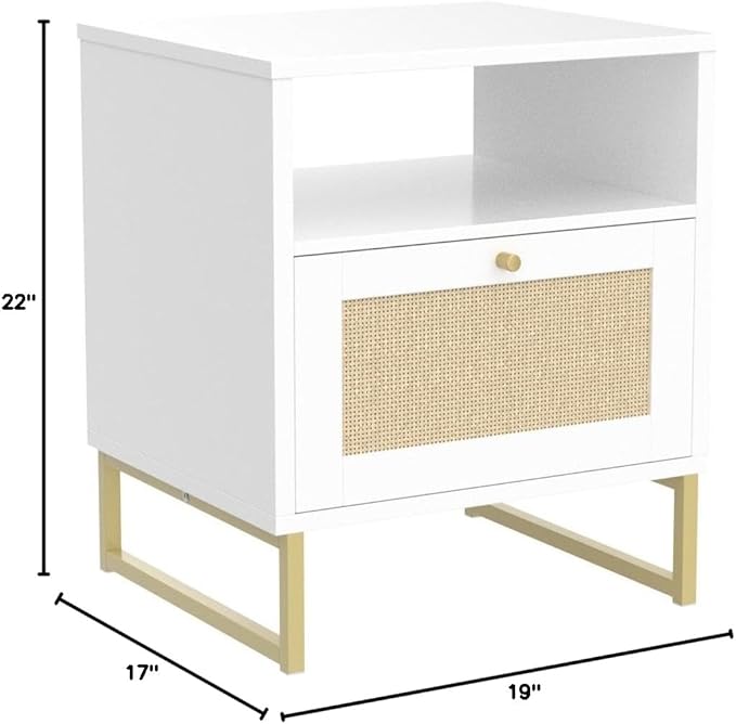 Nathan James Mina Side, End or Accent Table in a Matte White Finish & Brass Gold Legs with Natural Rattan Storage Door for Living Room or Nightstand for Bedroom, White/Gold, Set of 2