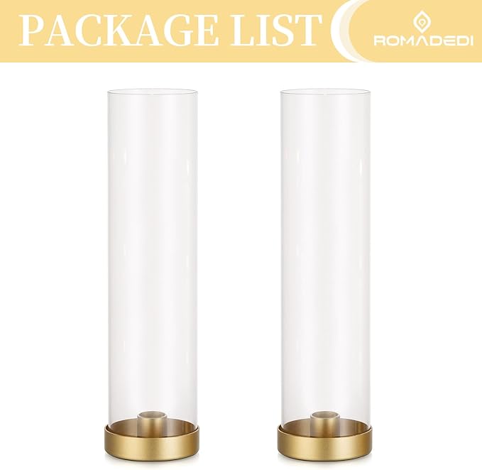 Romadedi Candlestick Candle Holders Hurricane Glass - 12 Inch Clear Gold Taper Candle Holders for Table Centerpiece Wedding Party Birthday Christmas Decor Home Decorations, Set of 2