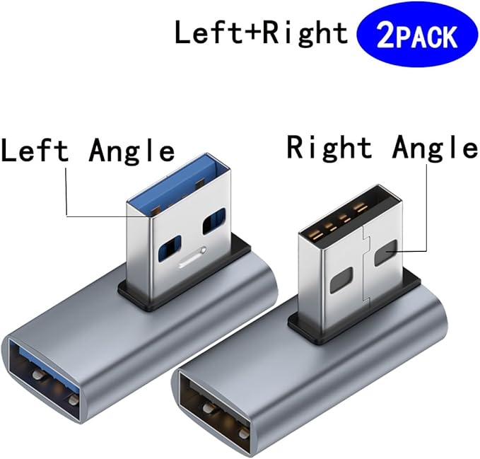 2-Pack, Super Speed USB 3.0 Vertical Left Angle and Right Angle Adapter USB 3.0 Male to Female 90 Degrees dapter Coupler, USB Cable Extender Connector