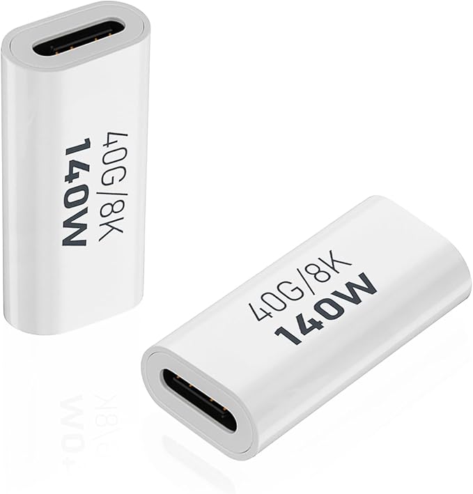 AreMe 2 Pack USB C Female to Female Adapter, USB Type C Coupler Extender Support 140W, 40Gbps, 8K@60Hz for Thunderbolt 4/3, Laptop, Phones, Only Compatible with Extension Cables Within 2M (White)