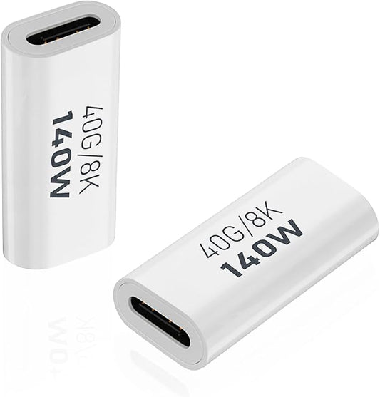 AreMe 2 Pack USB C Female to Female Adapter, USB Type C Coupler Extender Support 140W, 40Gbps, 8K@60Hz for Thunderbolt 4/3, Laptop, Phones, Only Compatible with Extension Cables Within 2M (White)