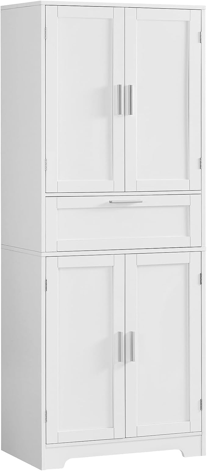 Iwell Tall Storage Cabinet with Adjustable Shelf & 1 Large Drawer, Pantry Cabinet with 4 Doors, Bathroom Cabinets, Kitchen Cabinets for Dining Room, Living Room, Home Office, White