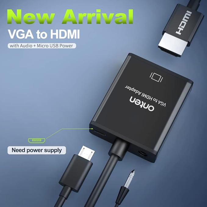 ONTEN VGA to HDMI Adapter, 1080P VGA to HDMI (Male to Female) for Computer, Desktop, Laptop, PC, Monitor, Projector, HDTV with Audio Cable and USB Cable (Black) (2 Pcs)