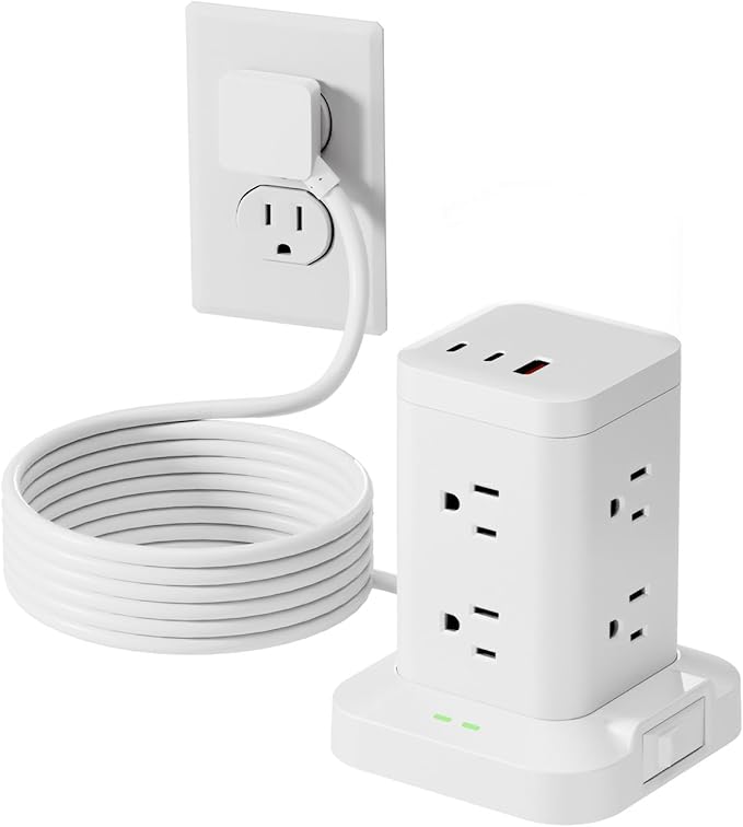 Power Strip Tower with Surge Protector 1800J, Fast Charging Tower PD20W USB-C Ports with 8 AC Outlets, 6ft Extension Cord for Home Office Dorm Room, White
