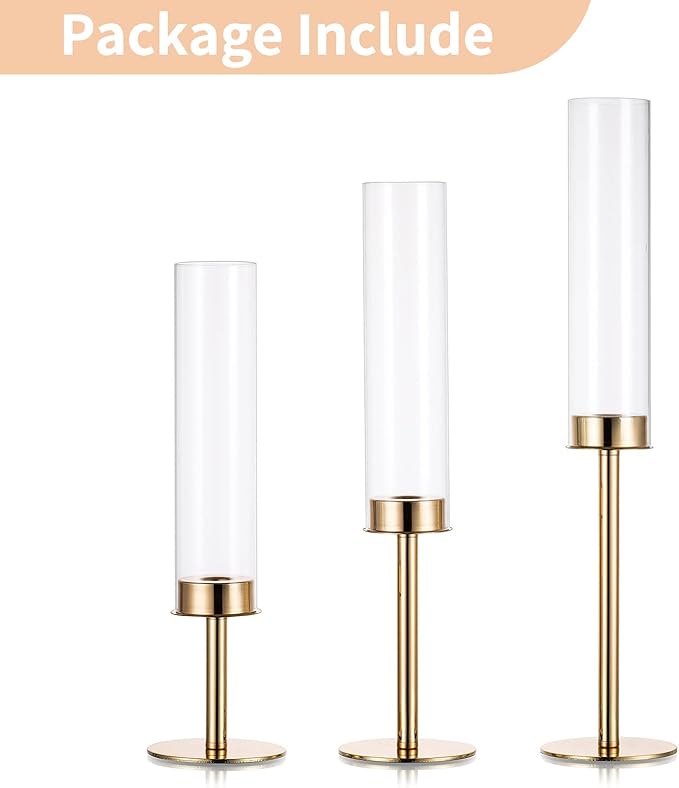 Nuptio Gold Candlestick Holder Tall Hurricane Candle Holder Set of 3 Taper Candle Holders Candle Stand Glass Cover Candlesticks Holders Table Centerpiece for Wedding Party Birthday Christmas Decor