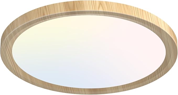 zemty 12Inch Wood-Look Ceiling Light, 28W 3200lm LED Flush Mount Ceiling Light with 3 Color Temperature 3000K/4500K/6000K - Round Flat Light Fixture for Kitchen Bathroom Livingroom，1Pack
