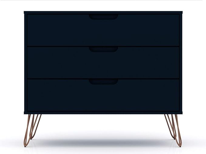 Manhattan Comfort Rockefeller 3 Drawer Dresser for Bedroom Storage, Closet, Living Room, Entryway, TV Stand for Screens up to 32 Inches, Anti-Tip Kit Included, Set of 1, Midnight Blue