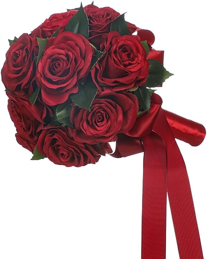 Wedding Bouquet Bride Flower Bridal Bouquets, Ribbon Artificial Rose Wedding Bouquets for Bride Bridesmaid Bouquet Dark Red Rose Bouquet Bride Bridesmaid Holding Flower for Wedding Decor